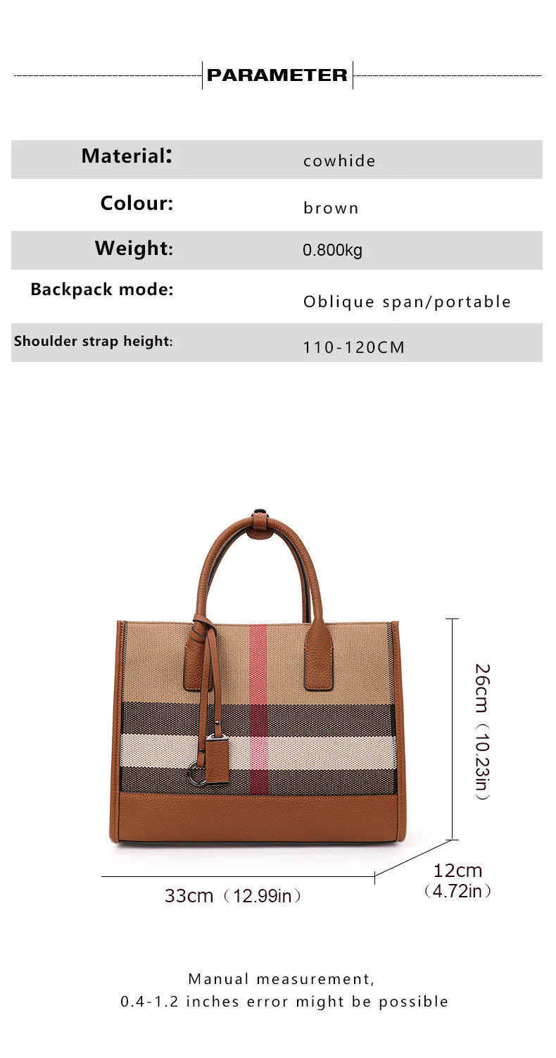 Plaid Canvas Women's Handbag: Classic Large Capacity Cowhide Crossbody & Shoulder Bag