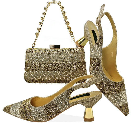 2025 Hot Selling Pointed-Toe Luxury High Heels Sandal & Bag Set in Gold - Perfect for Women's Wedding Party