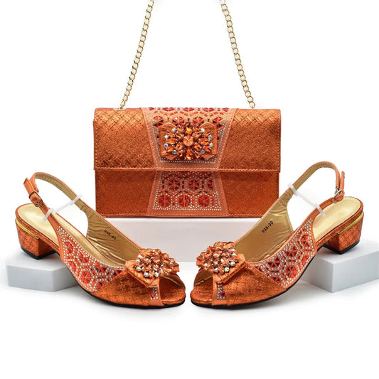 New Arrival Orange Shoe and Bag Set - Luxury Designer Shoes for Women, Matching Wedding Shoes and Bags Decorated with Rhinestone