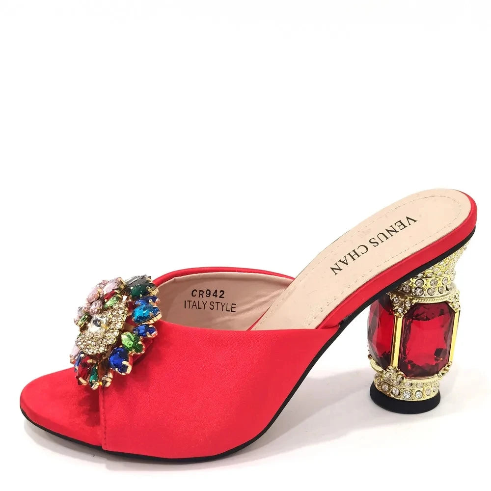 Elegant Red Chunk Heels Sandals: Versatile Party Shoes & Bag Set