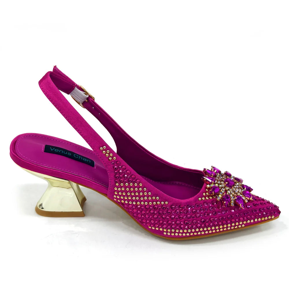 2025 New Design Specials: Italian Women’s Shoes and Bag Set in Fuchsia Color – Comfortable High Heels with Rhinestone Accents