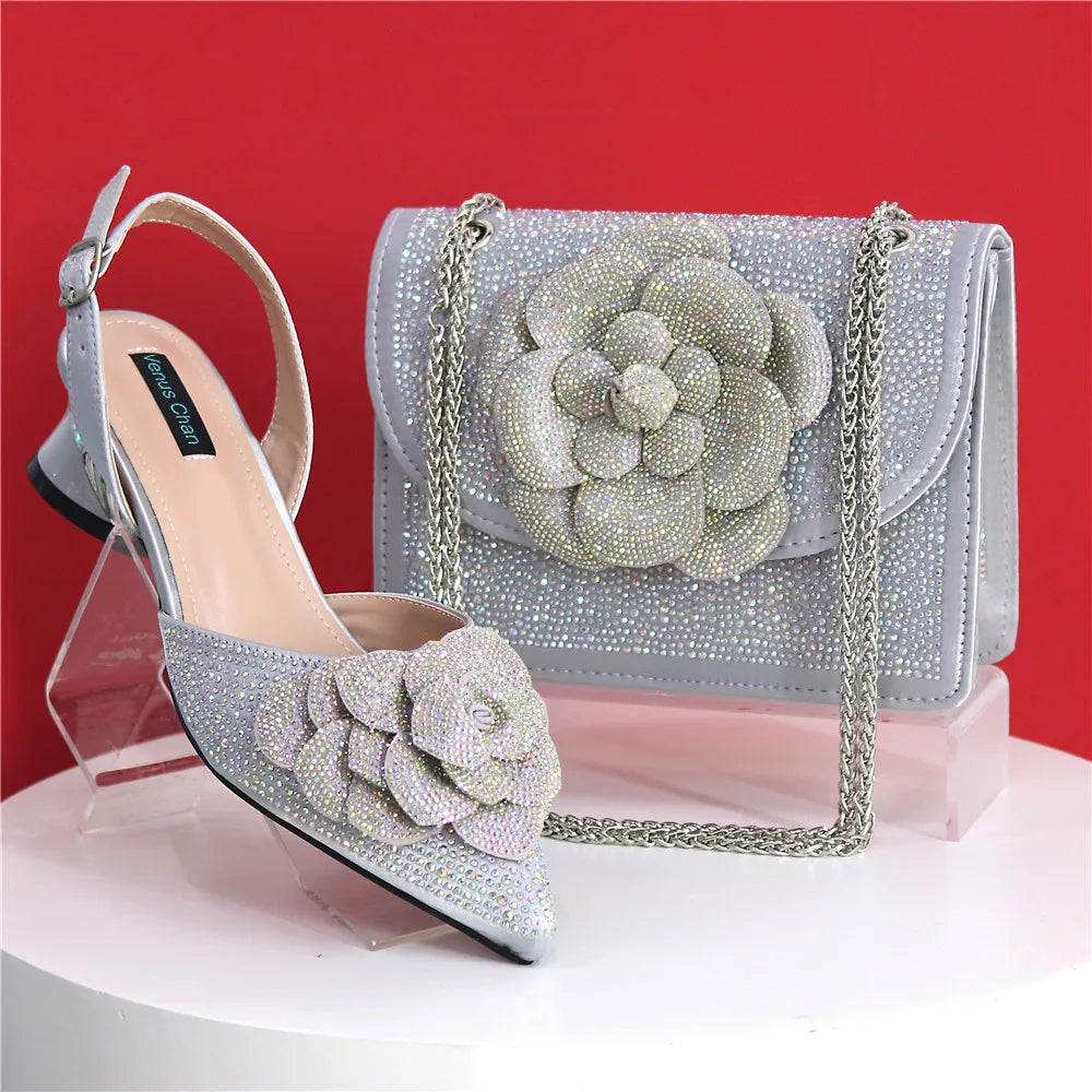 Peach Color Elegant Lady Shoes & Bag Set: Rhinestone Embellished with Pearl Knot