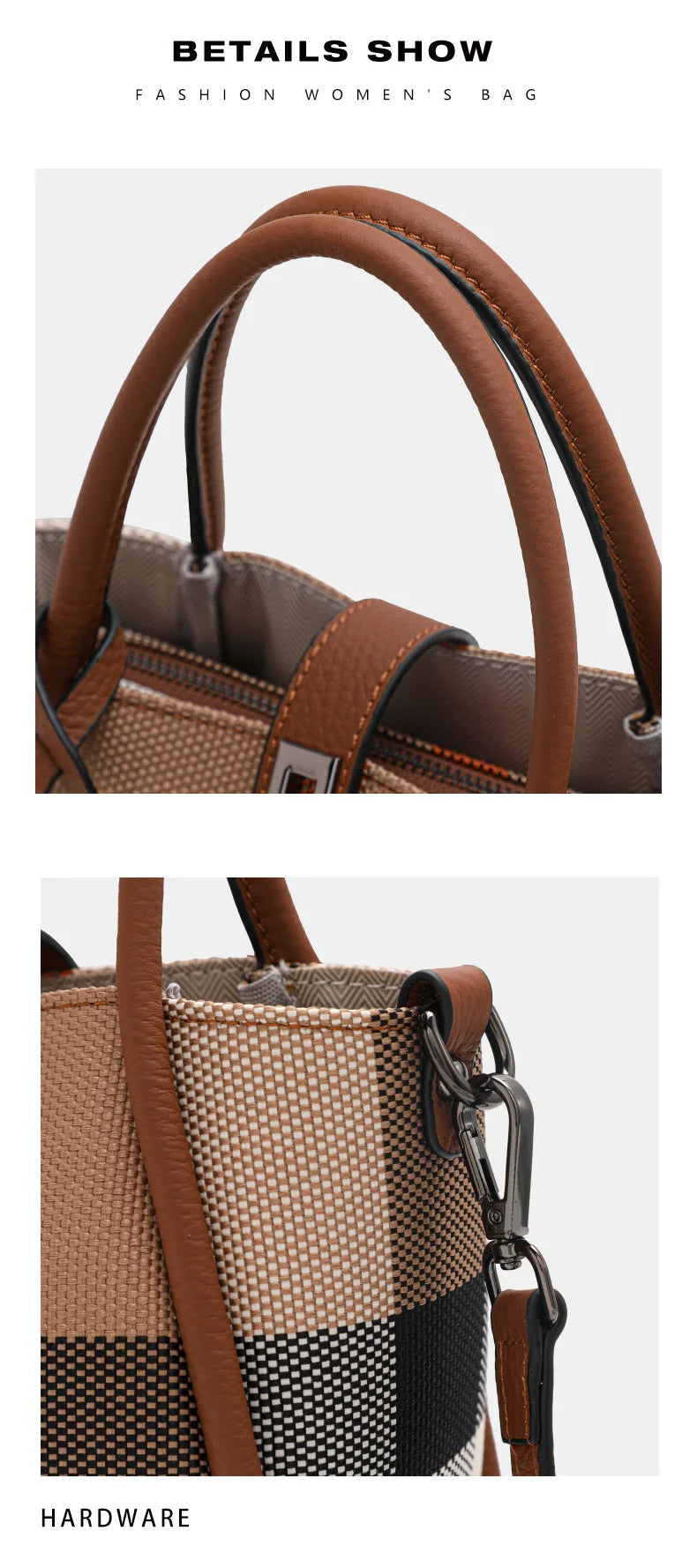 Women's Mini Plaid Handbag: Canvas & Cowhide - Brown