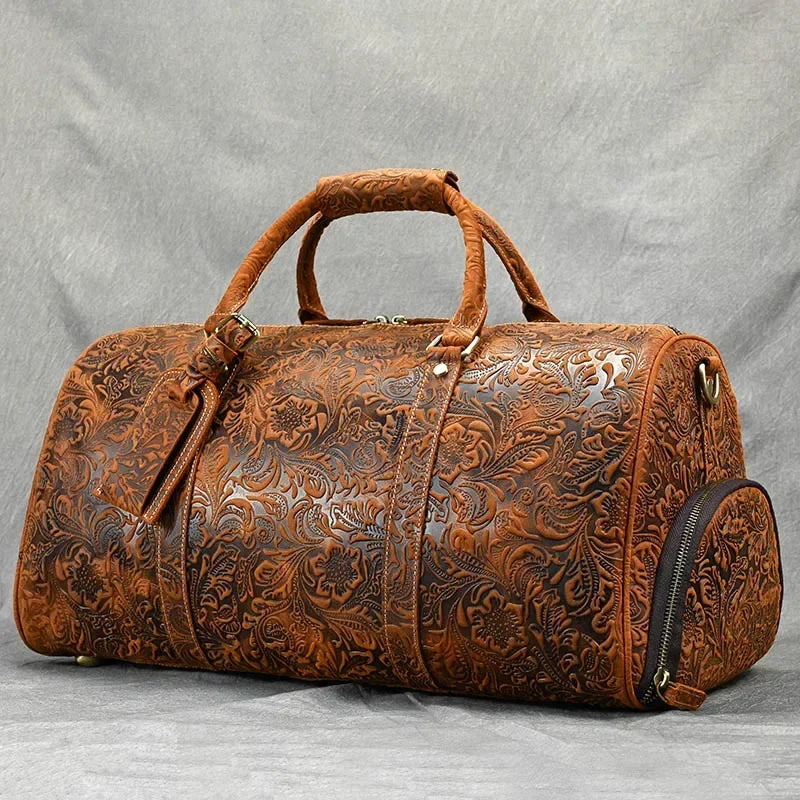 52cm Vintage Genuine Leather Travel Duffle Bag for Men: Large Cowhide Weekend Shoulder Bag