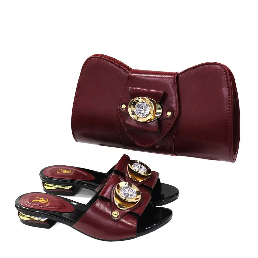 2025 Italian Design Fashion Women's Low Heel Shoes & Bags Set: Comfortable Leather Ladies Slippers