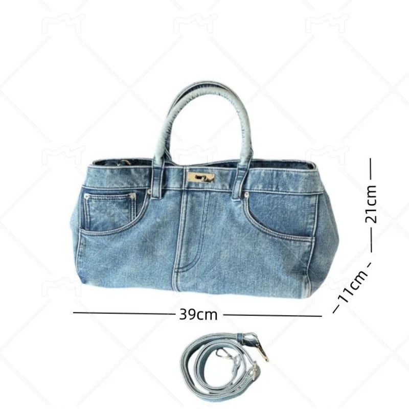 Women's Vintage Denim Tote Bag: Retro Personalized Large Capacity Shoulder Handbag