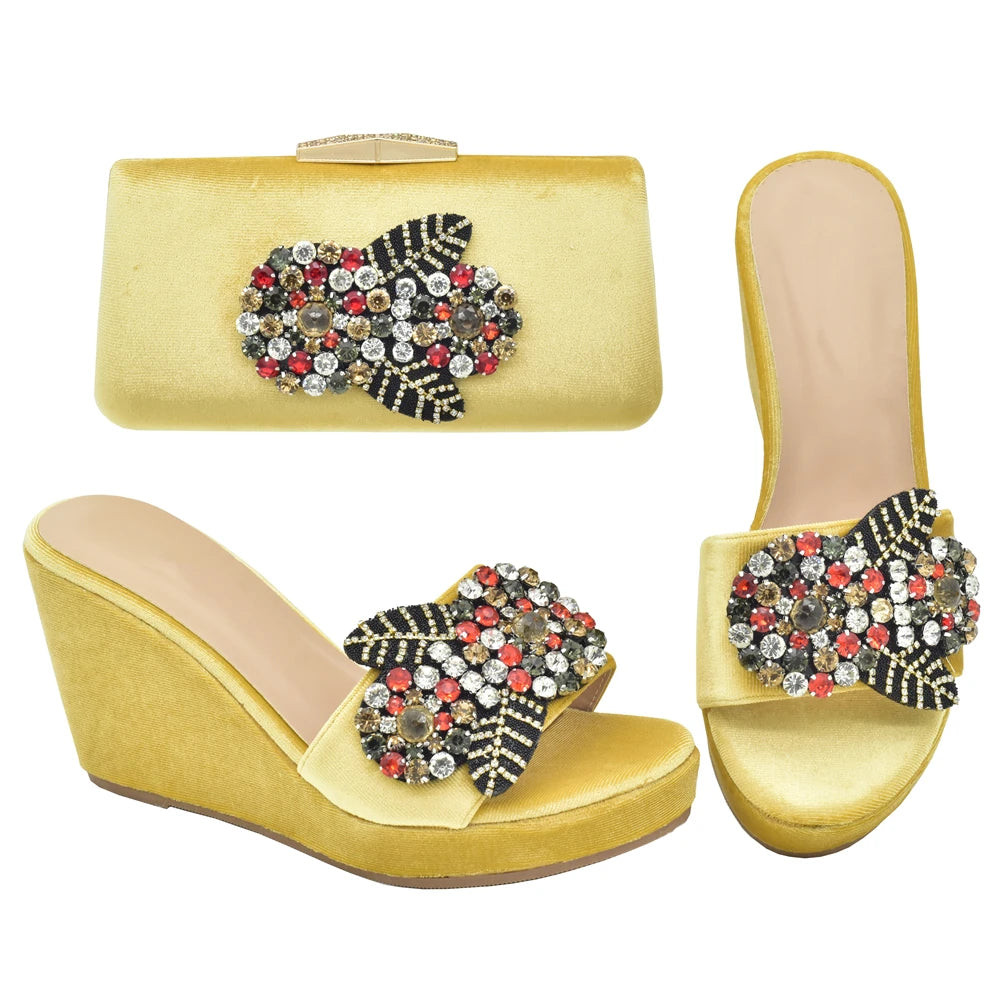 Elegant Italian Wedge Shoes & Bag Matching Set with Appliqués for Women - Perfect for Wedding & Bridal High Heels Pumps