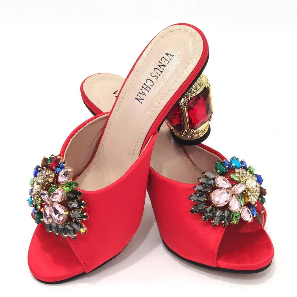 Elegant Red Chunk Heels Sandals: Versatile Party Shoes & Bag Set