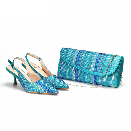 2025 Stylish Teal Pointed Toe Shoes & Bag Set for Women