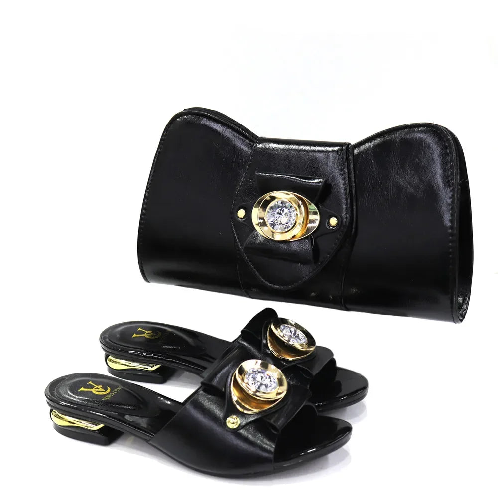 2025 Italian Design Fashion Women's Low Heel Shoes & Bags Set: Comfortable Leather Ladies Slippers