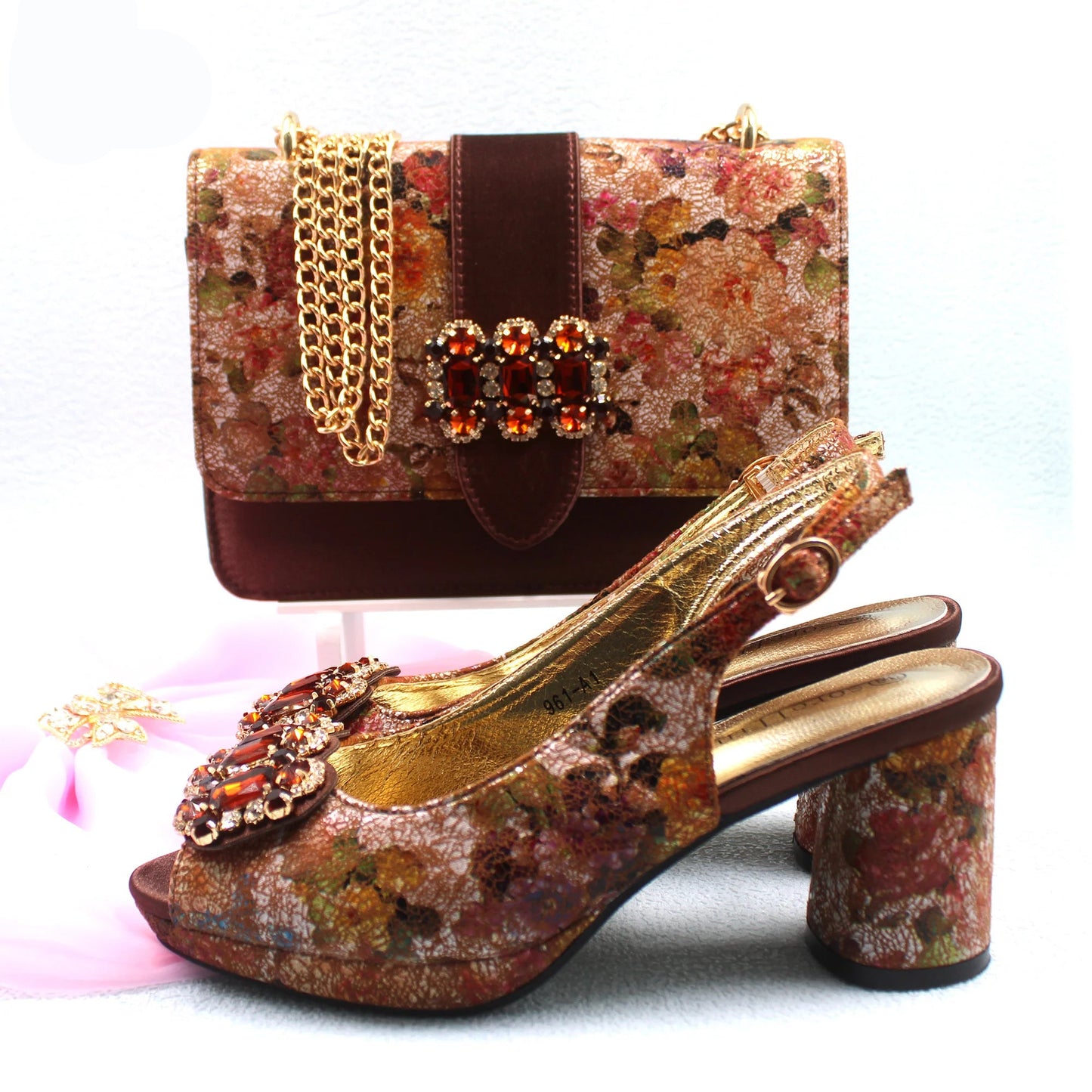 2025 Elegant Yellow Comfort Heels & Bag Set for Women - High-Quality Italian Design with Sparkling Crystals