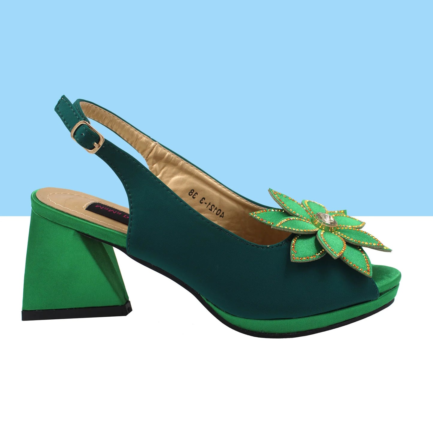 New Design Italian Women’s Shoes and Bag Set in Green - High-Quality Comfortable Heels with Appliqués for Weddings