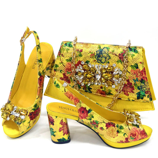 2025 Elegant Italian Design Yellow Rhinestone Peep Toe Heels & Matching Sandals and Bag Set for Women