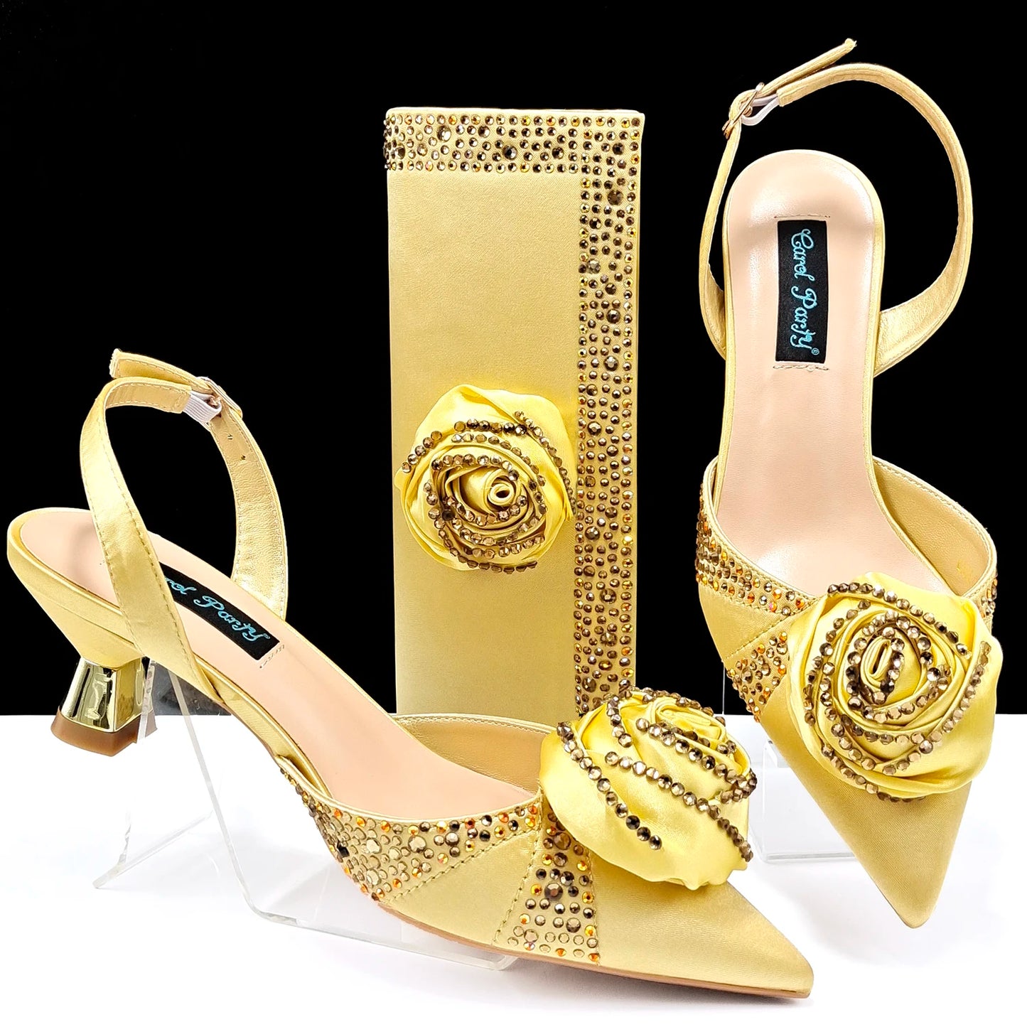 Beautiful High-Quality Ladies Shoes & Bags Set: Latest Gold Italian Design for Parties