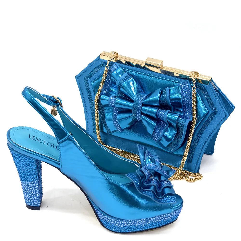 2025 New Designer Italian Women's Heels & Bag Set: Sky Blue with Rhinestones for Parties