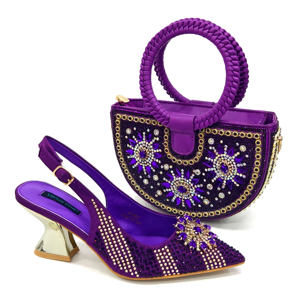 2025 New Design Specials: Italian Women’s Shoes and Bag Set in Fuchsia Color – Comfortable High Heels with Rhinestone Accents