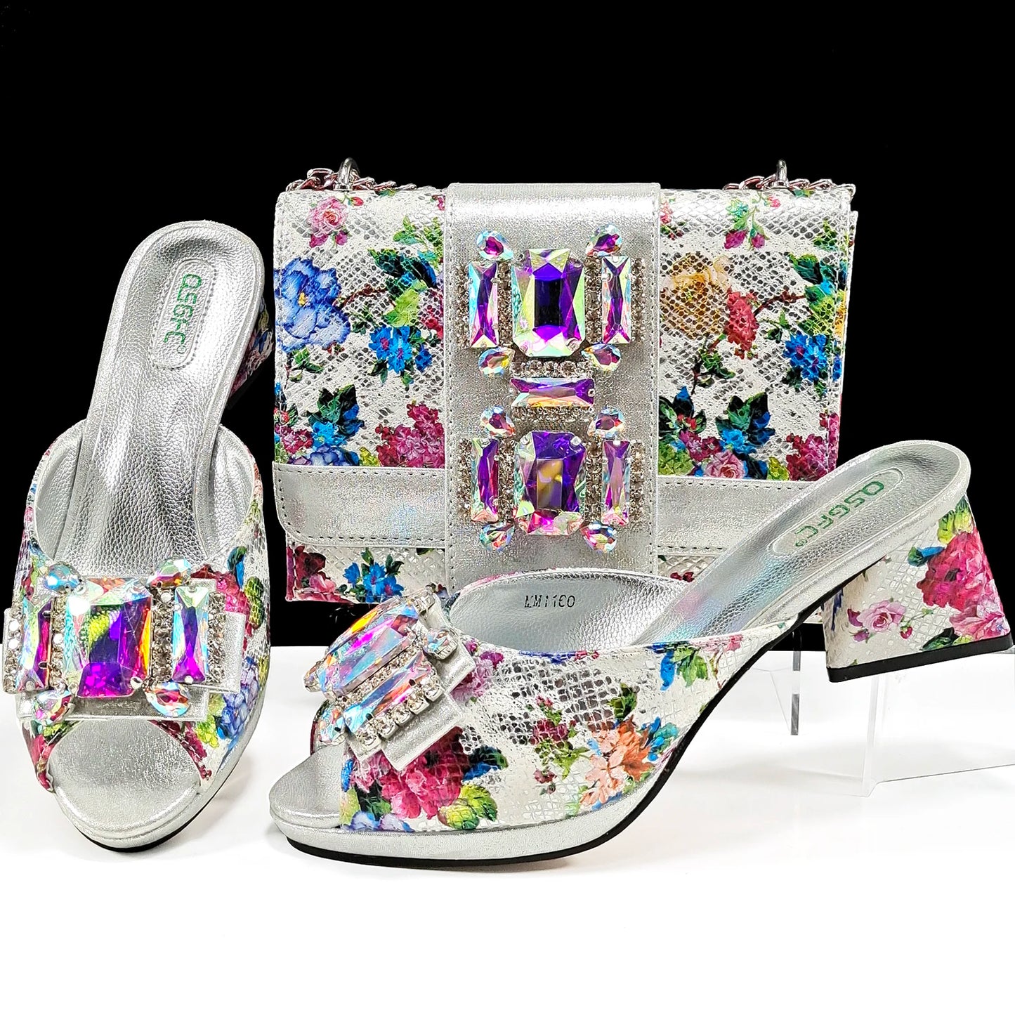 Elegant Women's Peep Toe Heels & Rhinestone Purple Sandals - Italian Shoes and Bags Matching Set 2025