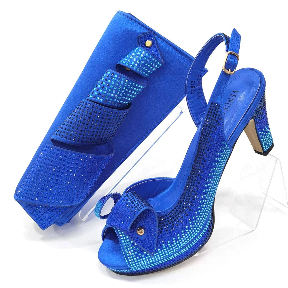 Newest Style: Peach Color Rhinestone Elegant High Heels – Popular Design Ladies Shoes and Bag Set