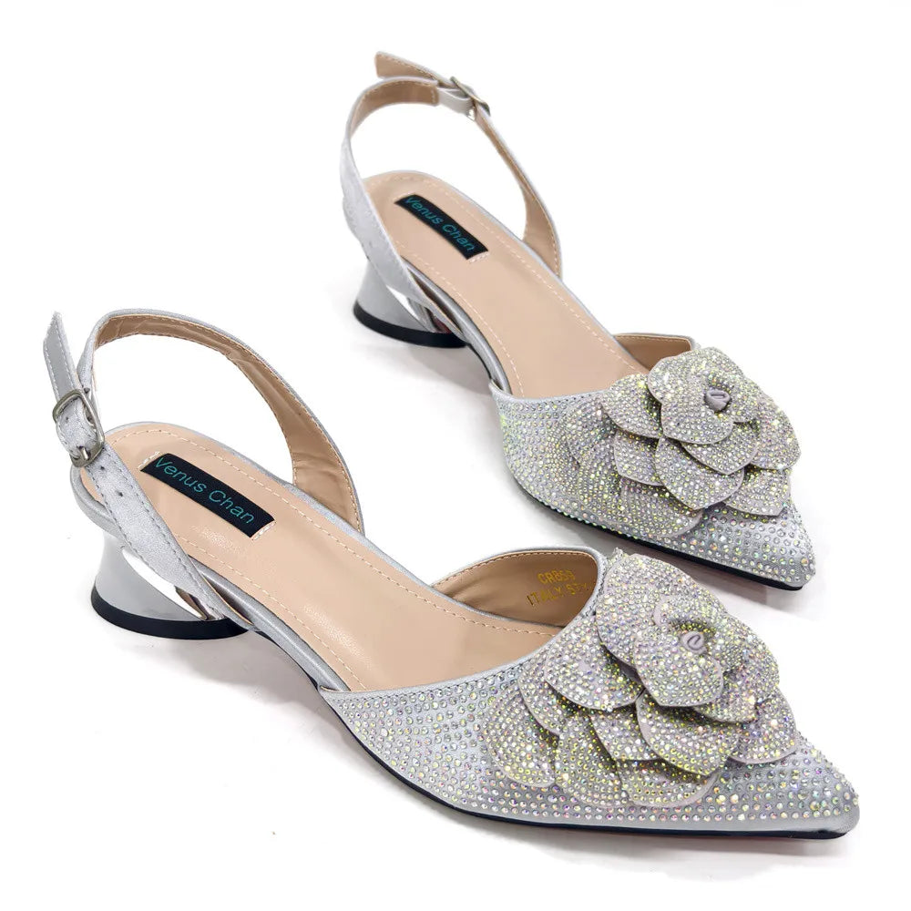 Peach Color Elegant Lady Shoes & Bag Set: Rhinestone Embellished with Pearl Knot