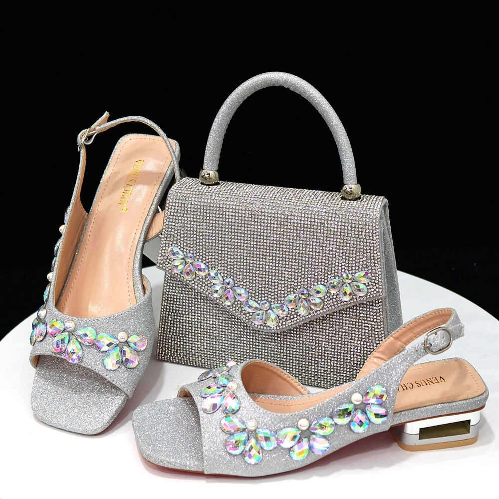 2025 Italian Fashion Women's Heels & Bag Set: Elegant Flower Decoration with Rhinestones