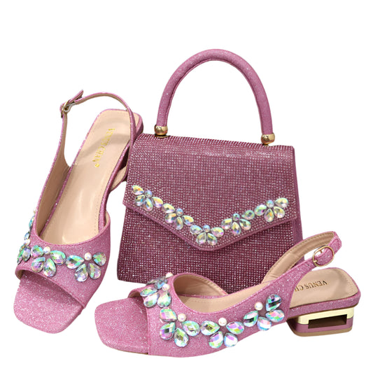 2025 Italian Fashion Women's Heels & Bag Set: Elegant Flower Decoration with Rhinestones