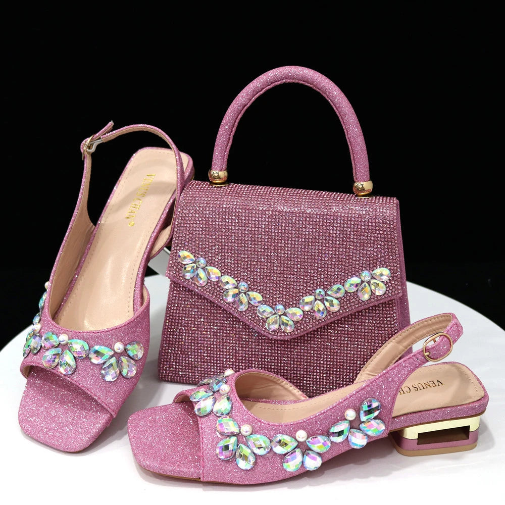 2025 Italian Fashion Women's Heels & Bag Set: Elegant Flower Decoration with Rhinestones