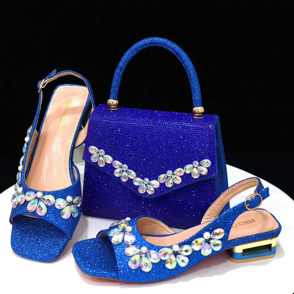 2025 Italian Fashion Women's Heels & Bag Set: Elegant Flower Decoration with Rhinestones