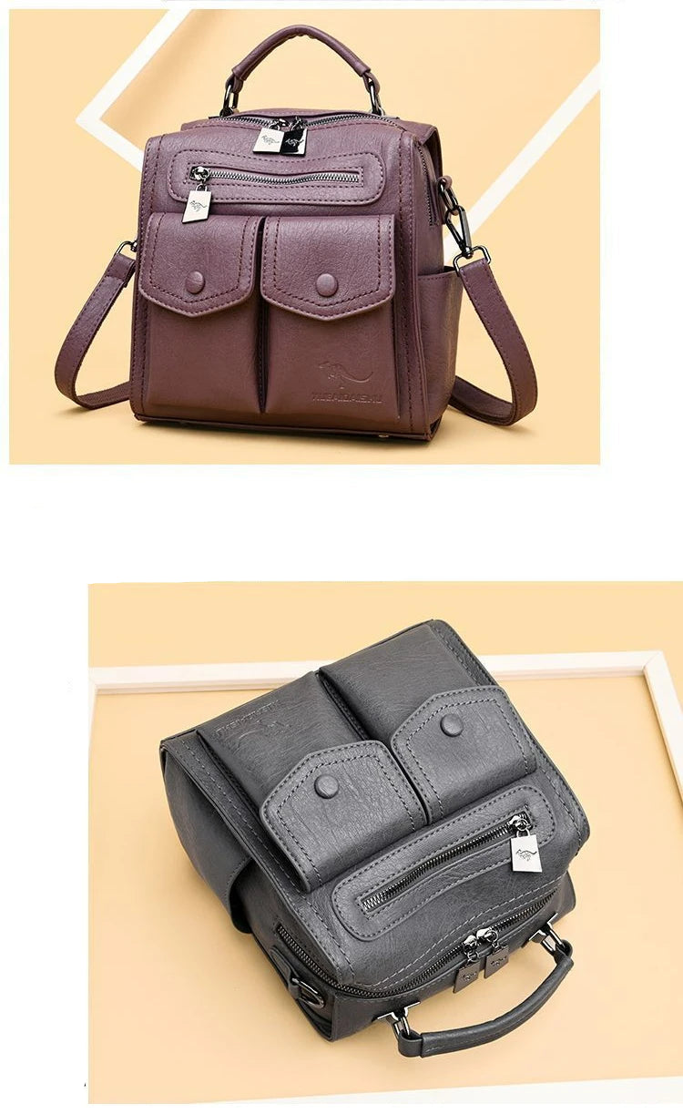 2025 New Fashion Backpack: Women's Casual Multi-Functional Leather Square Shoulder Bag