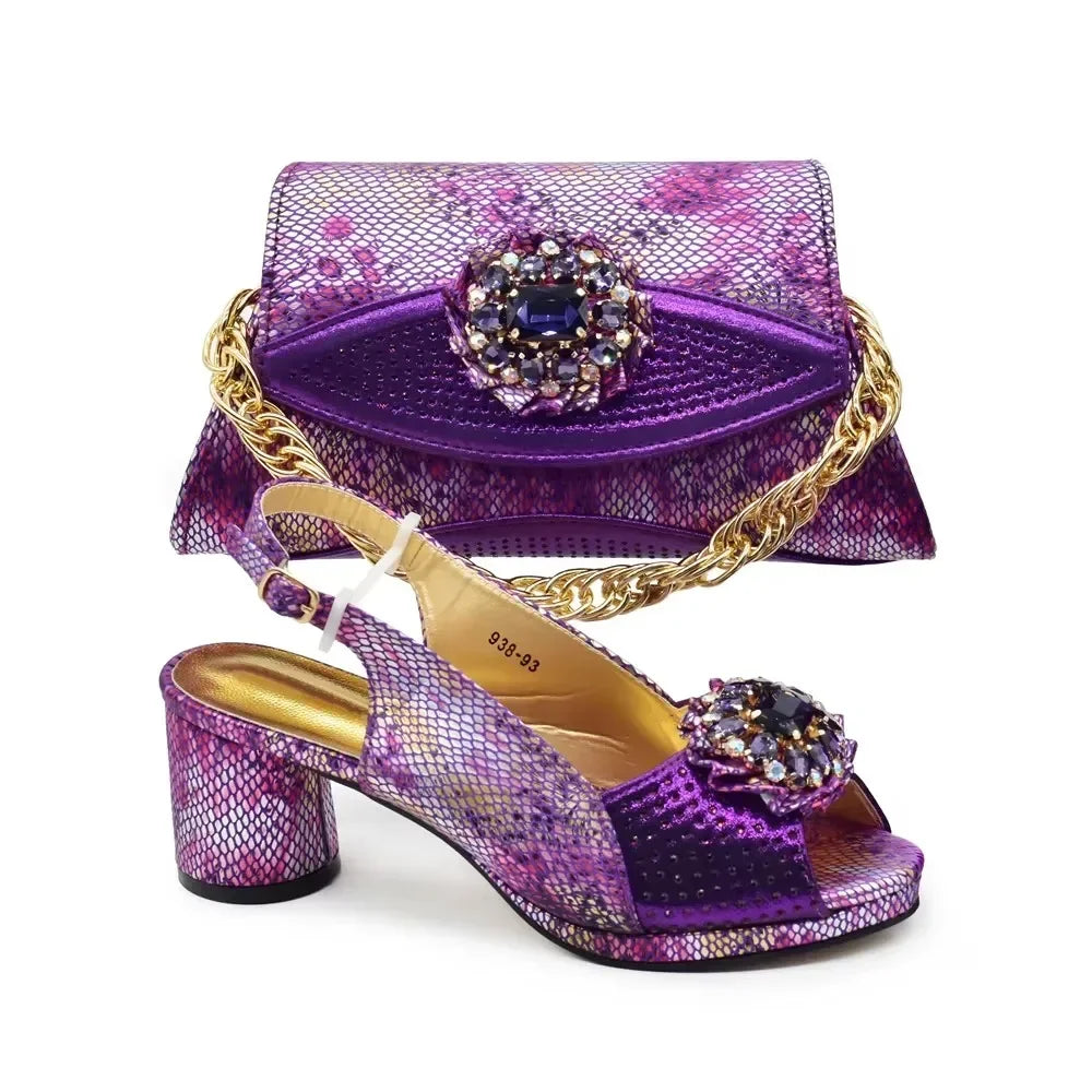 2025 New Arrival Italian Matching Shoes and Bags Set: Purple Heel Party for Women