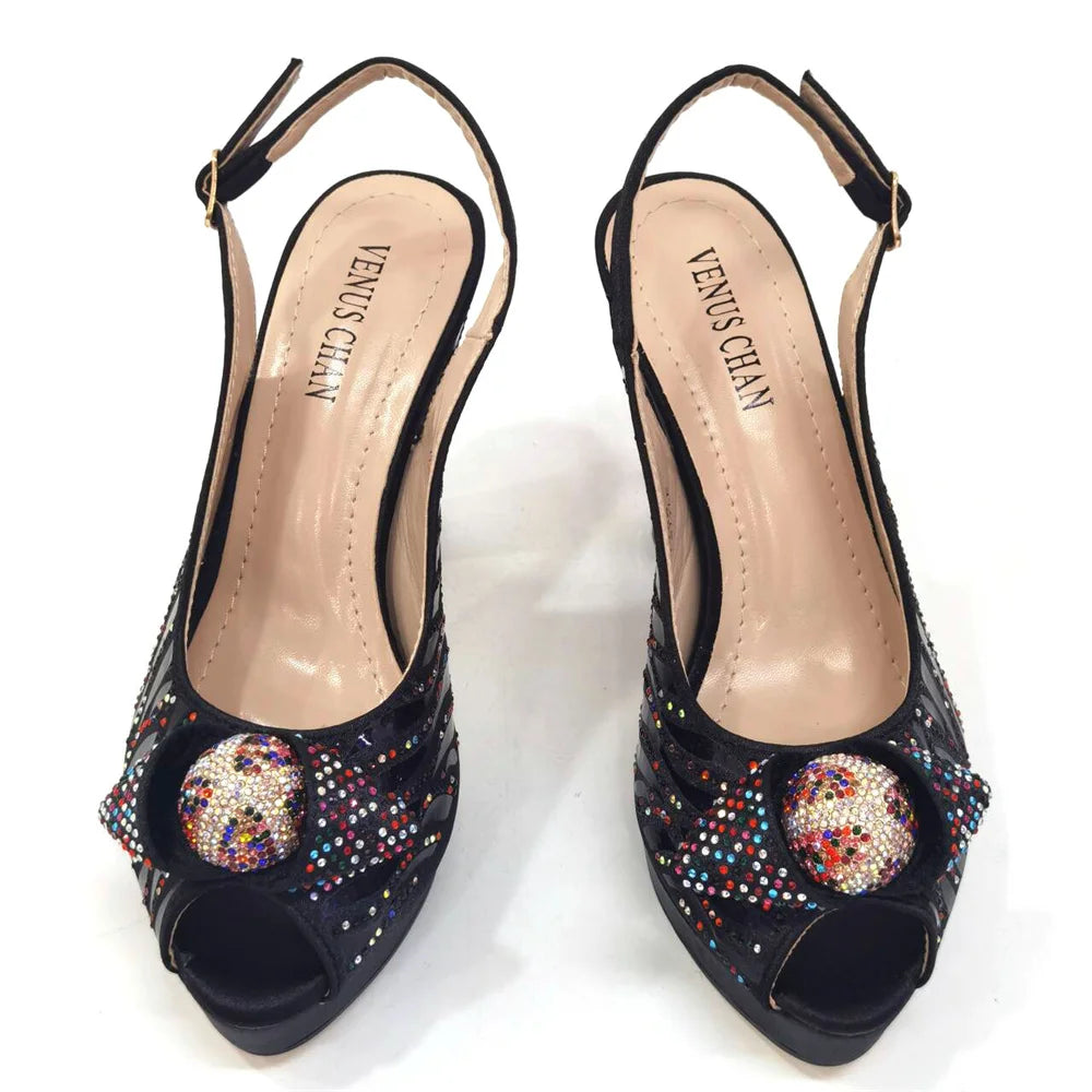 New Arrival: Black Color Women's Heel Shoes Matching Bag Set – Butterfly Design for Wedding Parties