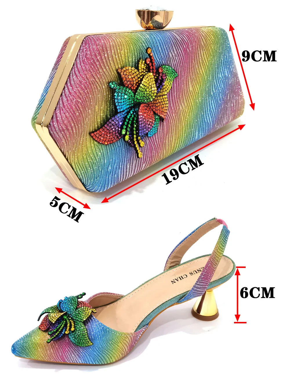 Elegant & Sexy Rainbow Color High Heels & Bag Set with Rhinestone-Embellished Toe - Comfortable Women's Party Shoes