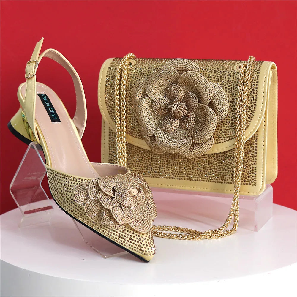 Peach Color Elegant Lady Shoes & Bag Set: Rhinestone Embellished with Pearl Knot