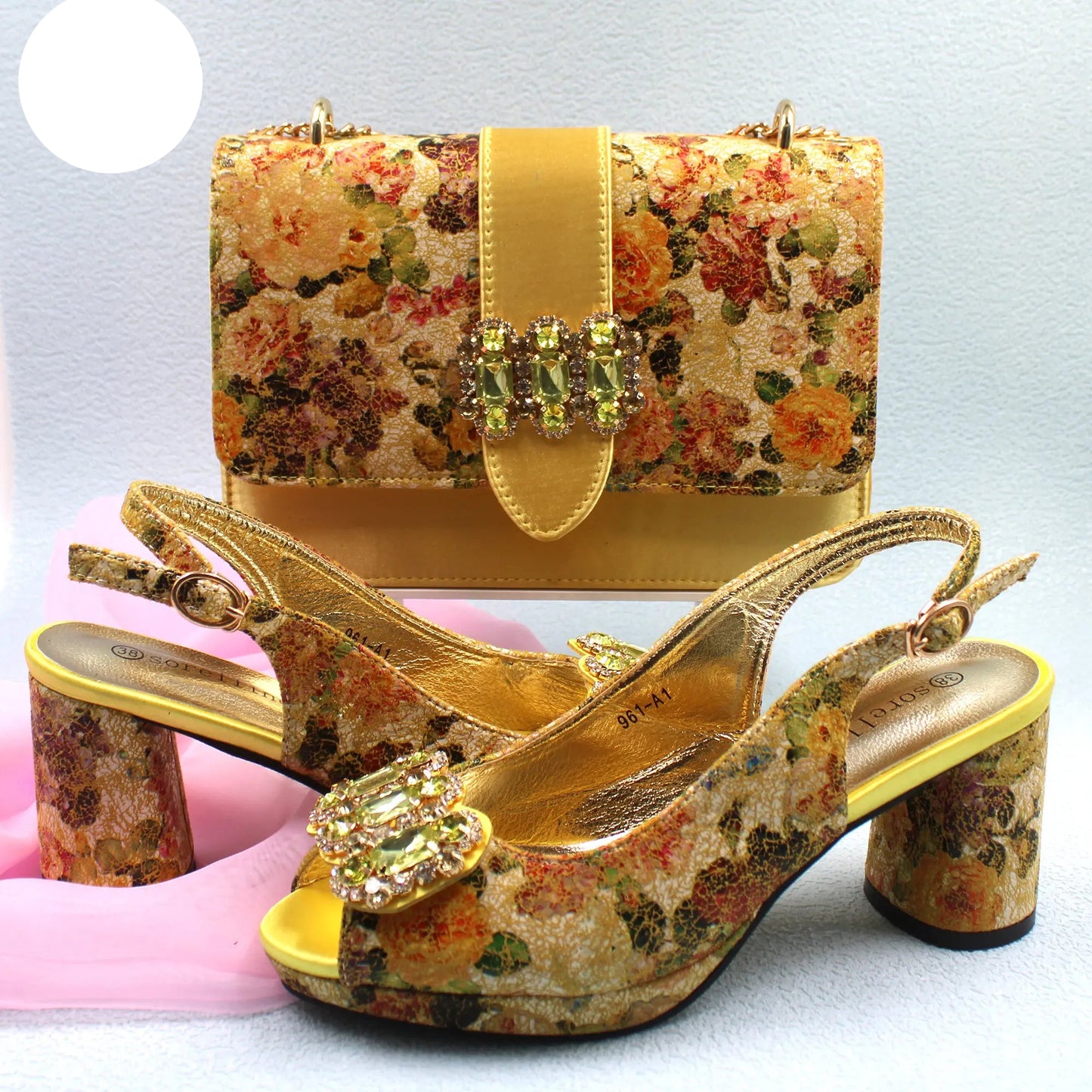 2025 Elegant Yellow Comfort Heels & Bag Set for Women - High-Quality Italian Design with Sparkling Crystals