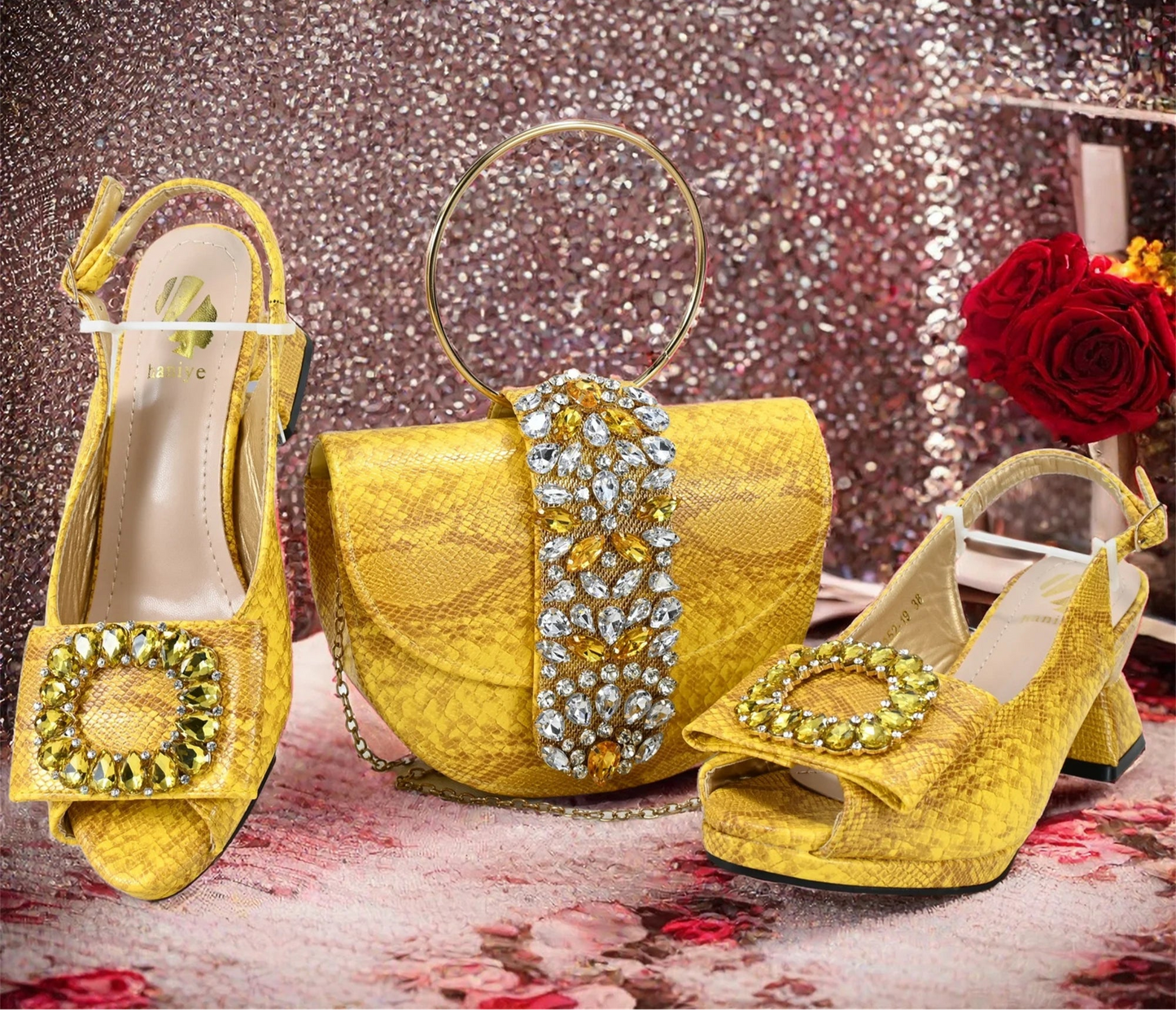 2025 Autumn Collection: Italian Women's Comfortable Mid Heel Shoes & Bag Set with Rhinestones in Vibrant Yellow