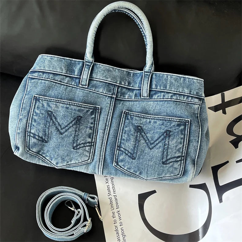 Women's Vintage Denim Tote Bag: Retro Personalized Large Capacity Shoulder Handbag