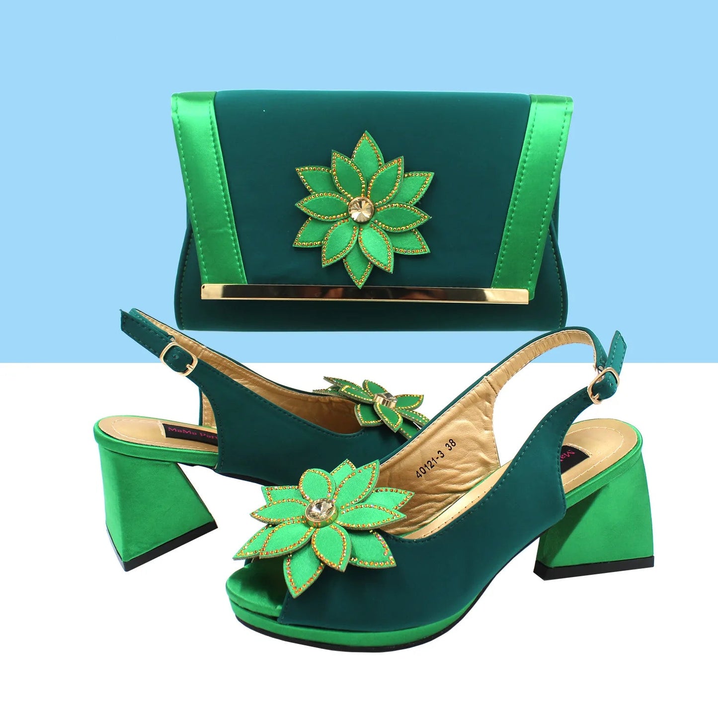 New Design Italian Women’s Shoes and Bag Set in Green - High-Quality Comfortable Heels with Appliqués for Weddings