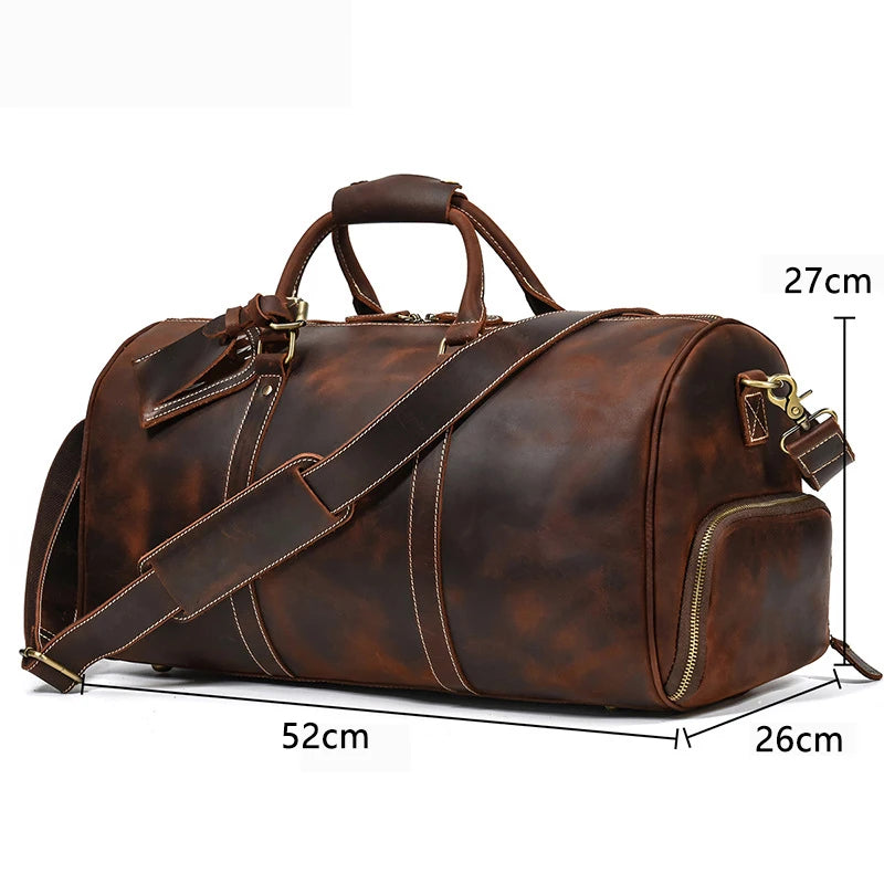 Genuine Leather Men's Travel Bag with Shoe Pocket – Retro Crazy Horse Leather Large Capacity Luggage Bag for Business Trips