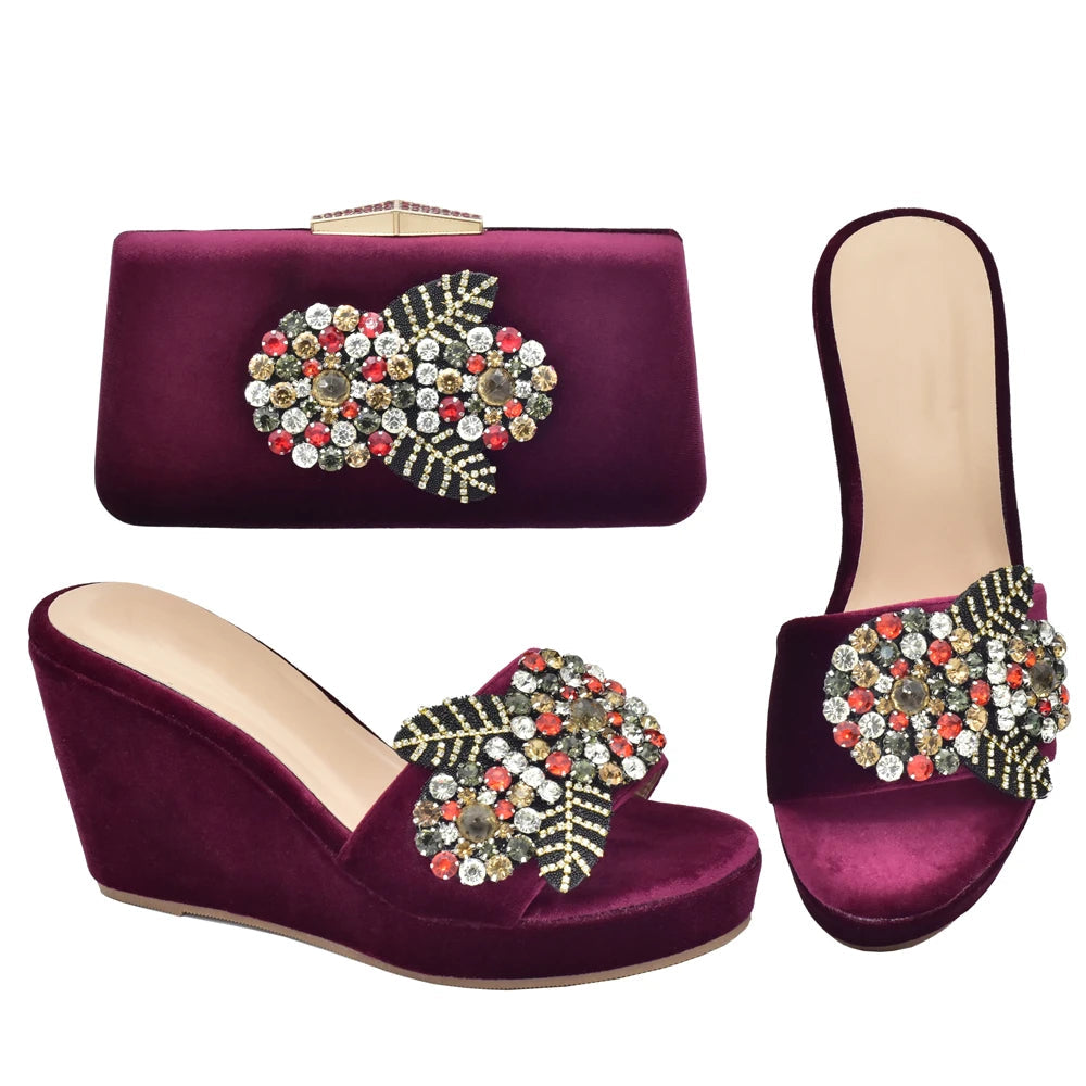 Elegant Italian Wedge Shoes & Bag Matching Set with Appliqués for Women - Perfect for Wedding & Bridal High Heels Pumps