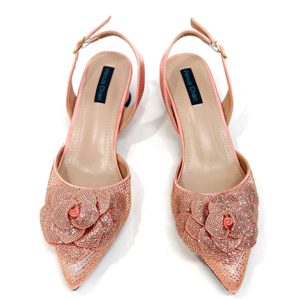 Peach Color Elegant Lady Shoes & Bag Set: Rhinestone Embellished with Pearl Knot