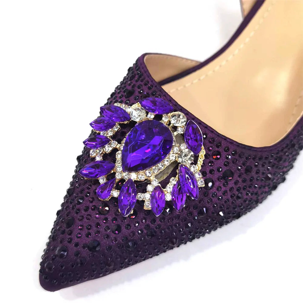 Purple 2025 Italian Design Girly Style Open Toe Shoes and Bag Set – Full Diamond Decoration with Appliques for Wedding Parties