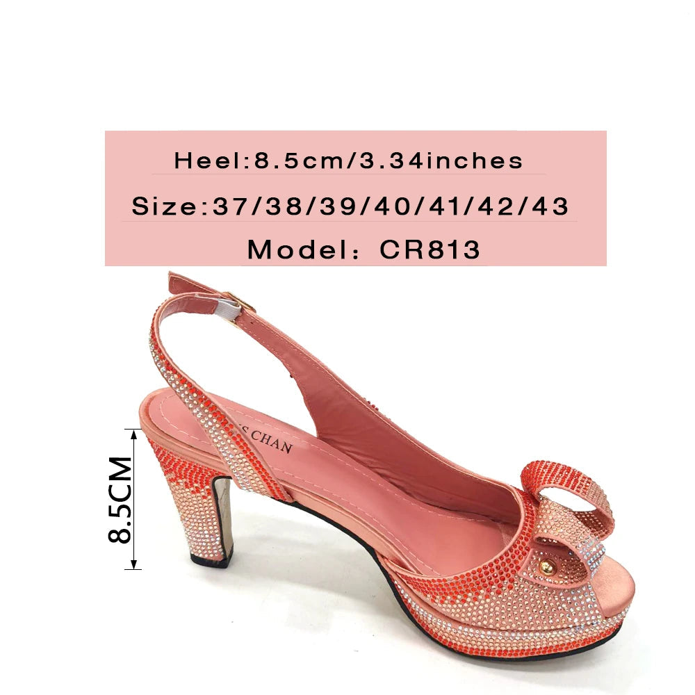 Newest Style: Peach Color Rhinestone Elegant High Heels – Popular Design Ladies Shoes and Bag Set