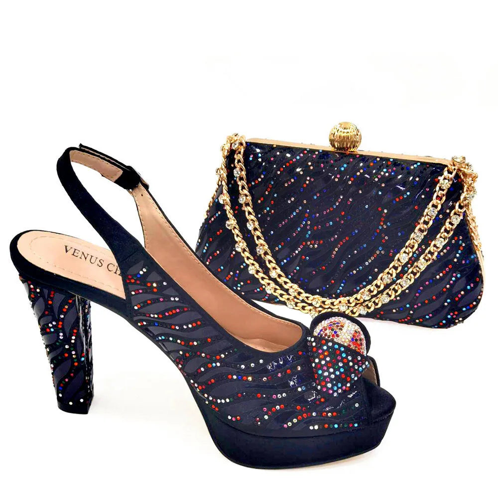 New Arrival: Black Color Women's Heel Shoes Matching Bag Set – Butterfly Design for Wedding Parties