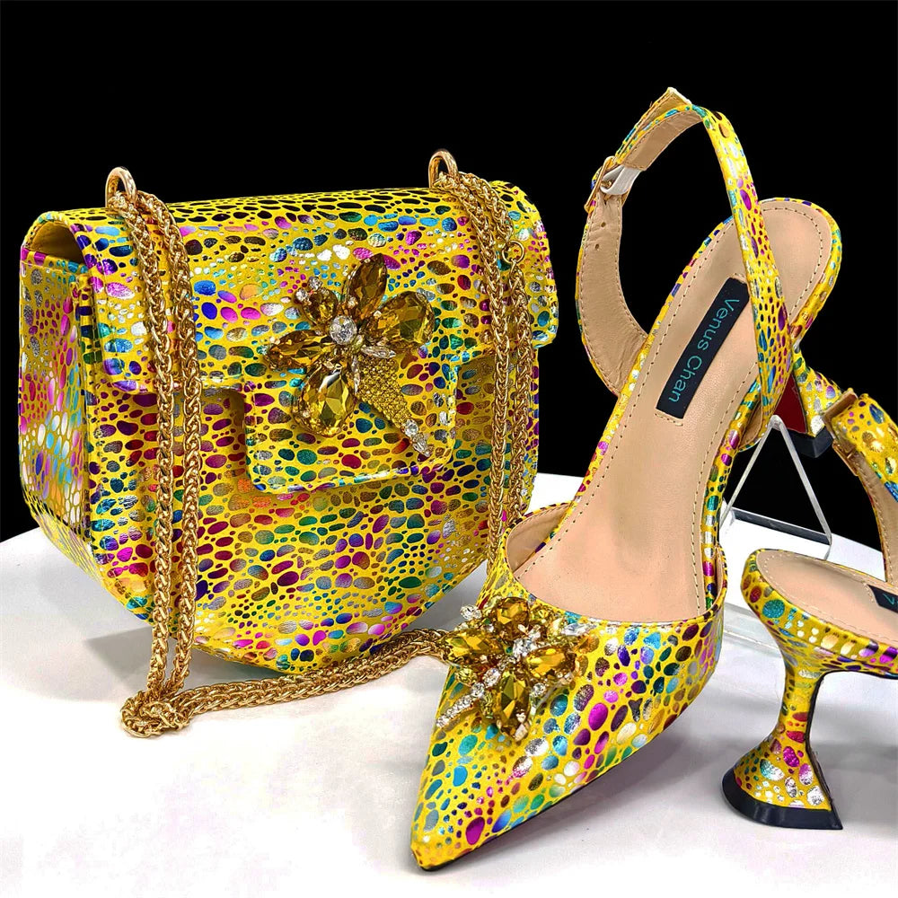 2025 Champagne Color Ladies Shoes & Matching Bag Set: Pointed Toe Crystal Design