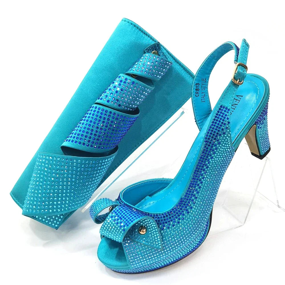 Newest Style: Peach Color Rhinestone Elegant High Heels – Popular Design Ladies Shoes and Bag Set