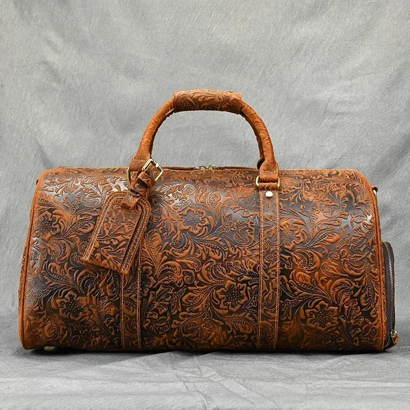 52cm Vintage Genuine Leather Travel Duffle Bag for Men: Large Cowhide Weekend Shoulder Bag