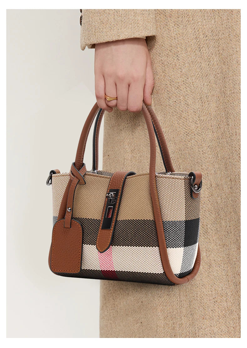 Women's Mini Plaid Handbag: Canvas & Cowhide - Brown