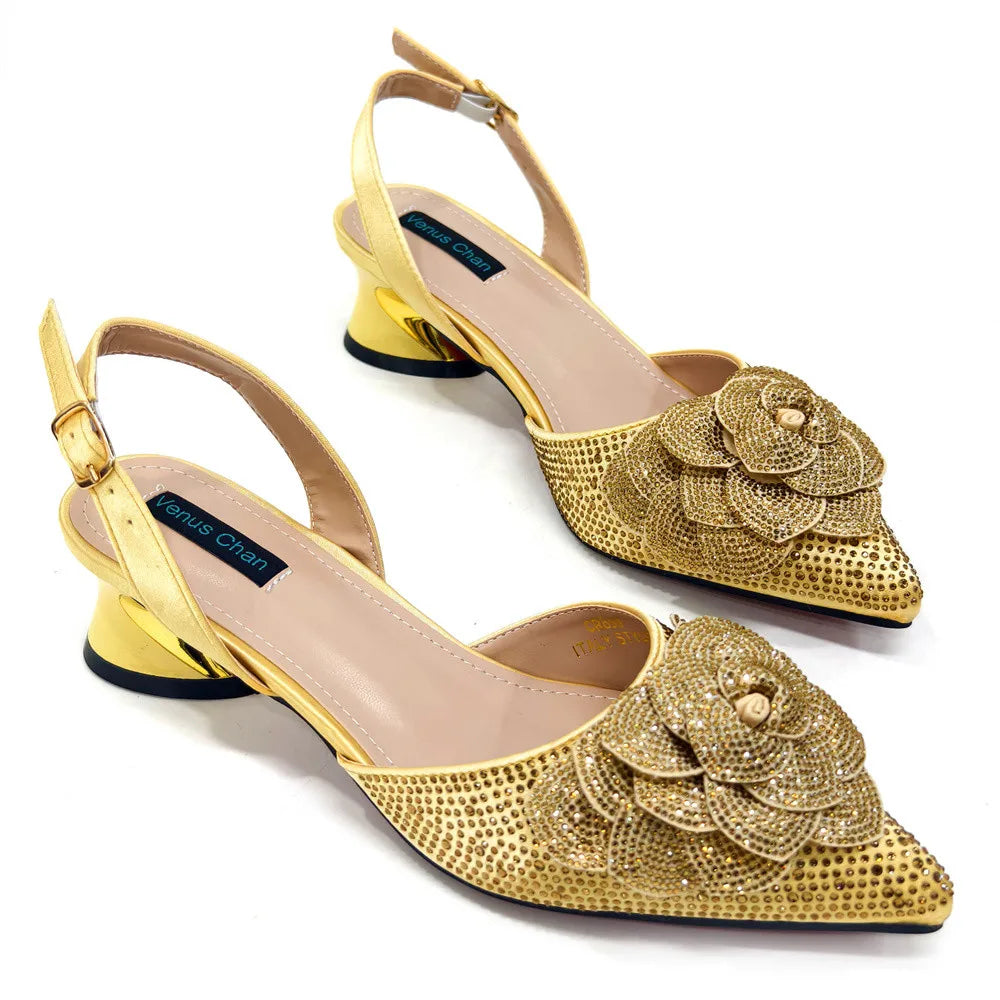 Peach Color Elegant Lady Shoes & Bag Set: Rhinestone Embellished with Pearl Knot