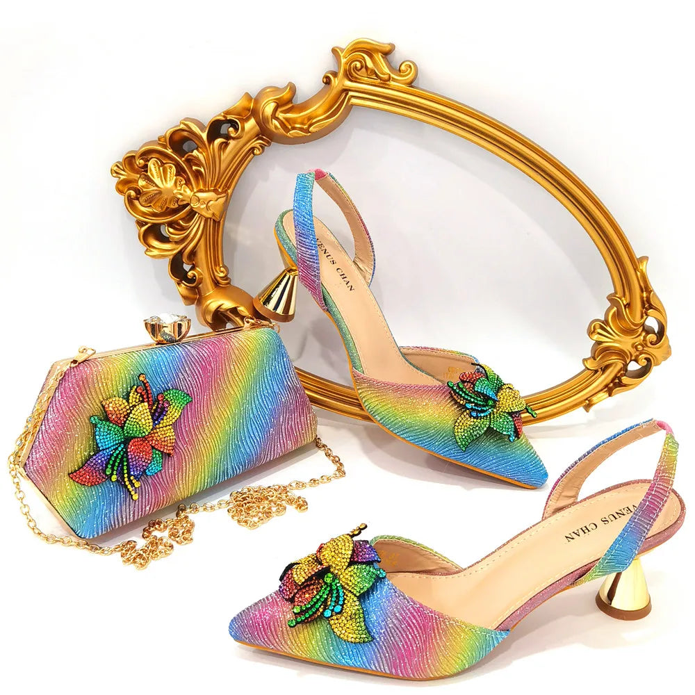 Elegant & Sexy Rainbow Color High Heels & Bag Set with Rhinestone-Embellished Toe - Comfortable Women's Party Shoes