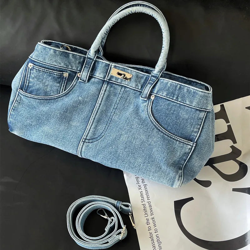 Women's Vintage Denim Tote Bag: Retro Personalized Large Capacity Shoulder Handbag