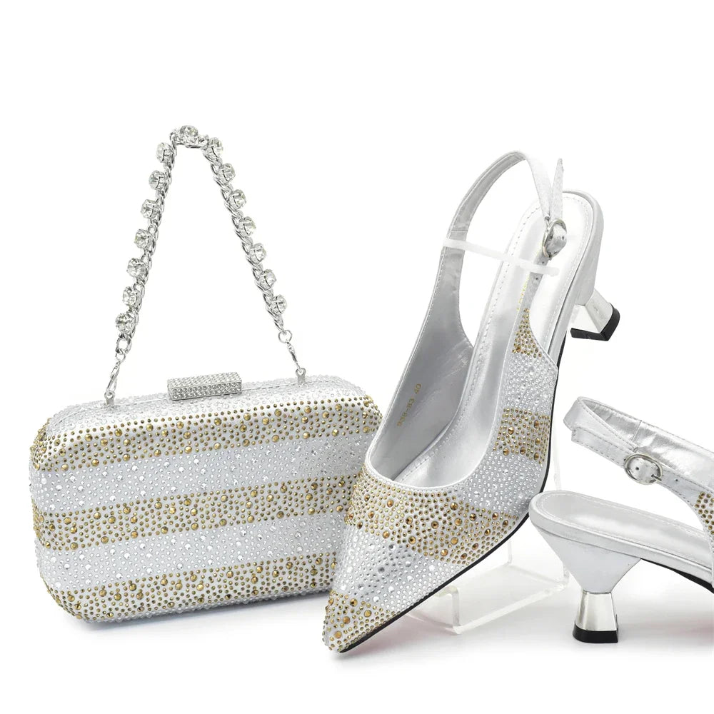 Luxury Women's Wedding Shoes & Bag Set - Italian Rhinestone-Embellished Pumps for Elegant Occasions